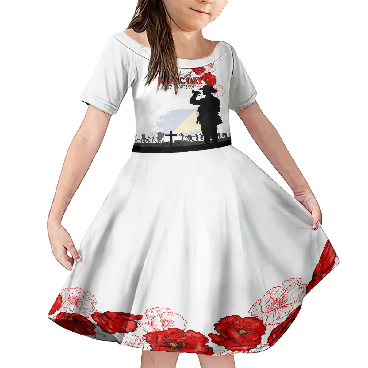 Tokelau ANZAC Day Kid Short Sleeve Dress Lest We Forget Red Poppy Flowers and Soldier LT03 KID White - Polynesian Pride