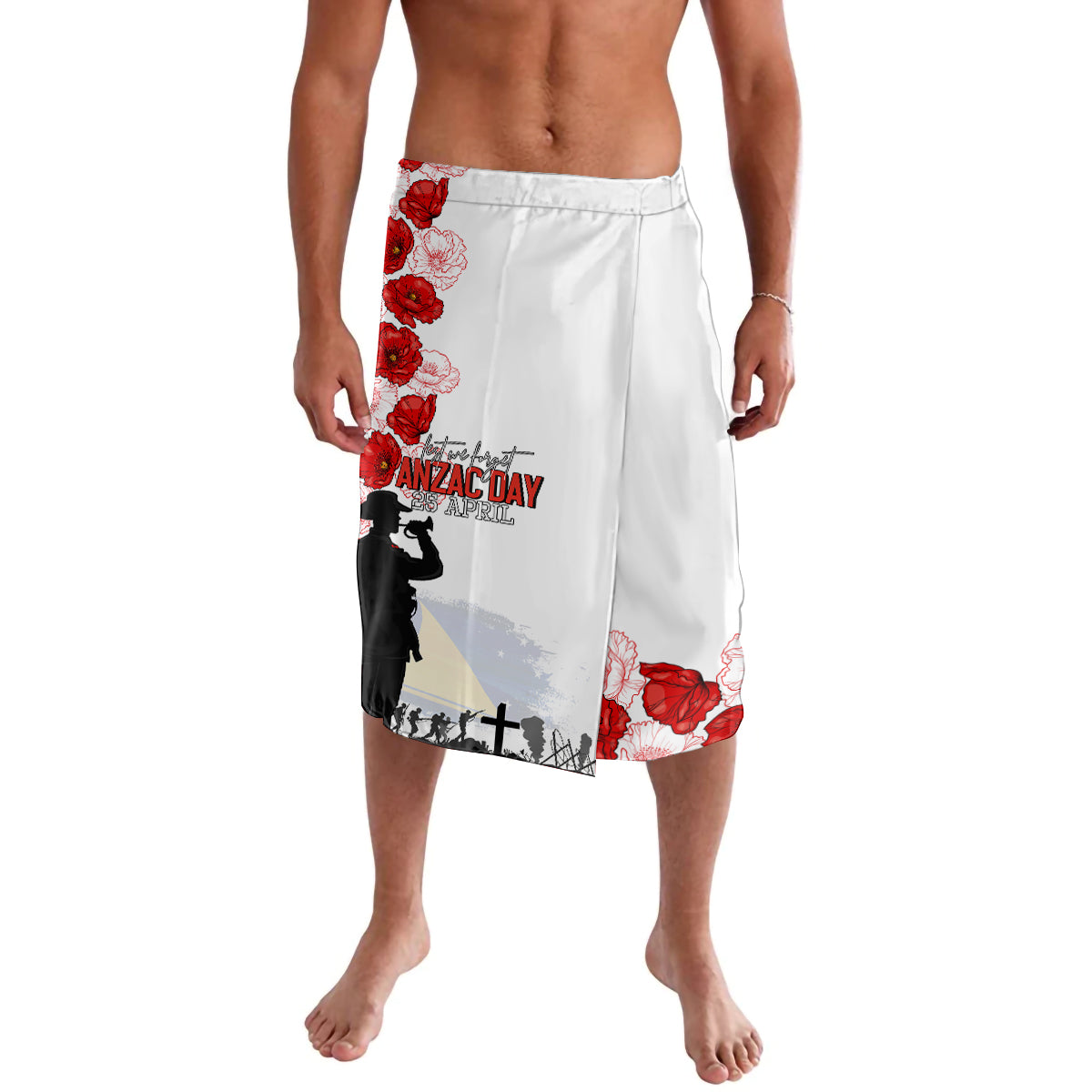 Tokelau ANZAC Day Lavalava Lest We Forget Red Poppy Flowers and Soldier LT03 White - Polynesian Pride