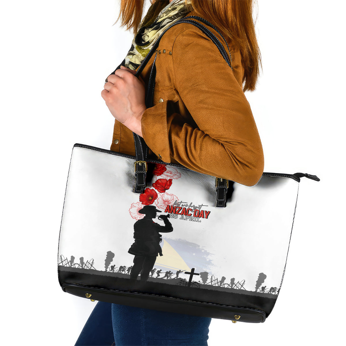 Tokelau ANZAC Day Leather Tote Bag Lest We Forget Red Poppy Flowers and Soldier LT03 White - Polynesian Pride