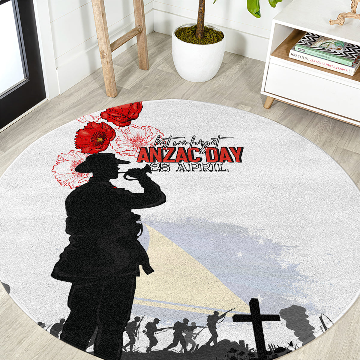 Tokelau ANZAC Day Round Carpet Lest We Forget Red Poppy Flowers and Soldier LT03 White - Polynesian Pride
