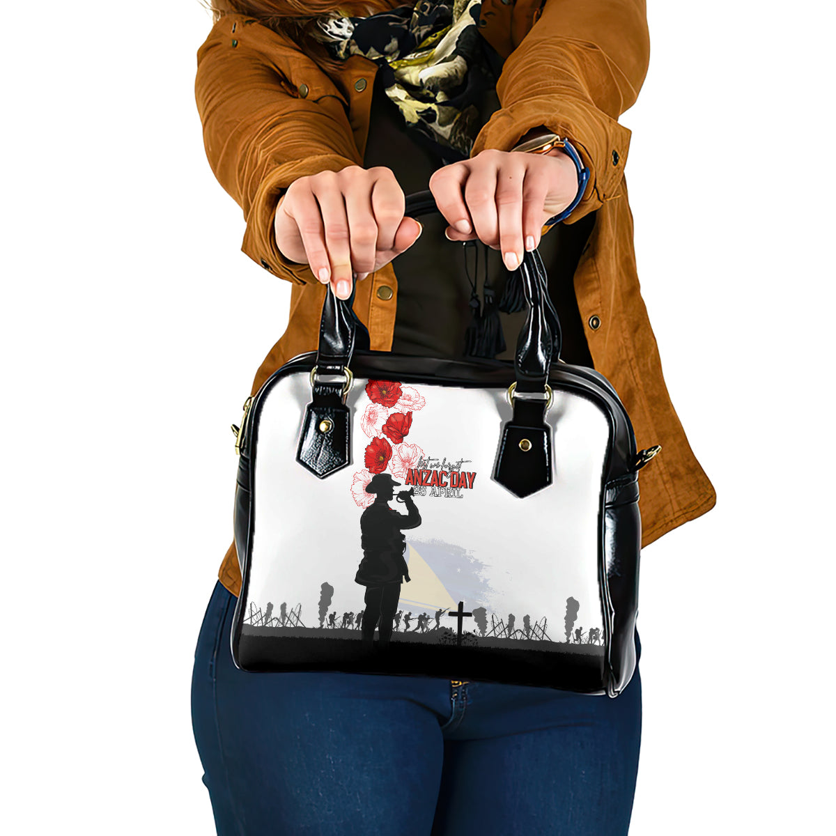 Tokelau ANZAC Day Shoulder Handbag Lest We Forget Red Poppy Flowers and Soldier LT03 One Size White - Polynesian Pride