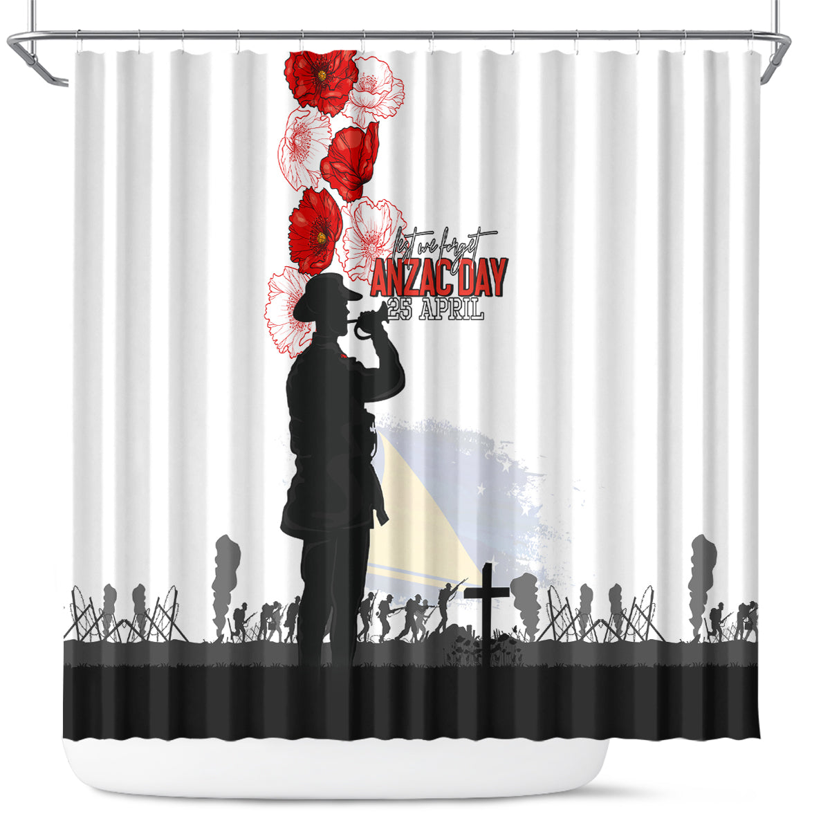 Tokelau ANZAC Day Shower Curtain Lest We Forget Red Poppy Flowers and Soldier LT03 White - Polynesian Pride