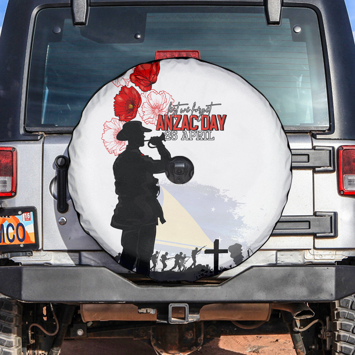Tokelau ANZAC Day Spare Tire Cover Lest We Forget Red Poppy Flowers and Soldier LT03 White - Polynesian Pride
