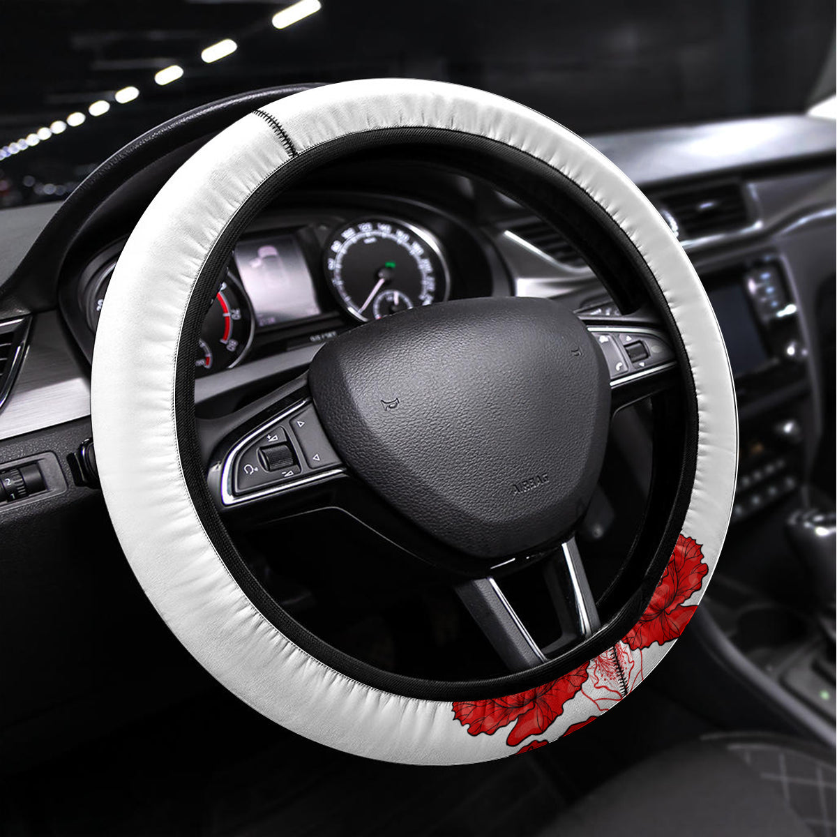Tokelau ANZAC Day Steering Wheel Cover Lest We Forget Red Poppy Flowers and Soldier LT03 Universal Fit White - Polynesian Pride
