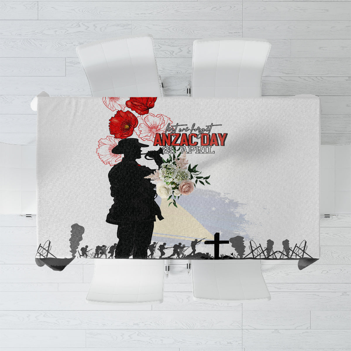 Tokelau ANZAC Day Tablecloth Lest We Forget Red Poppy Flowers and Soldier LT03 White - Polynesian Pride