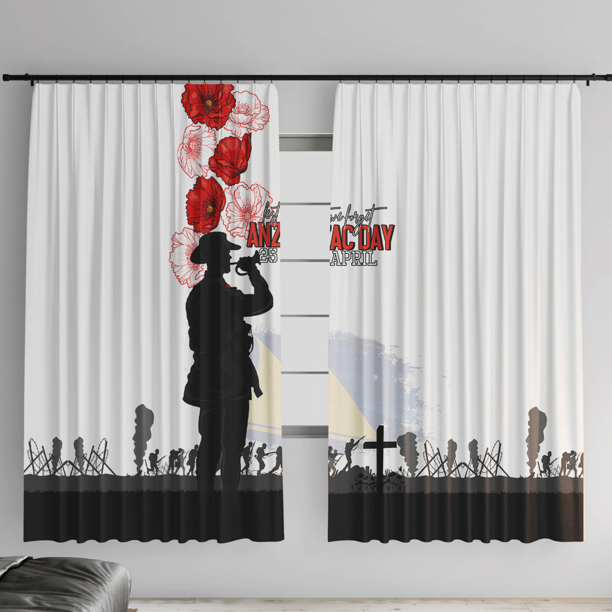 Tokelau ANZAC Day Window Curtain Lest We Forget Red Poppy Flowers and Soldier LT03 With Hooks White - Polynesian Pride