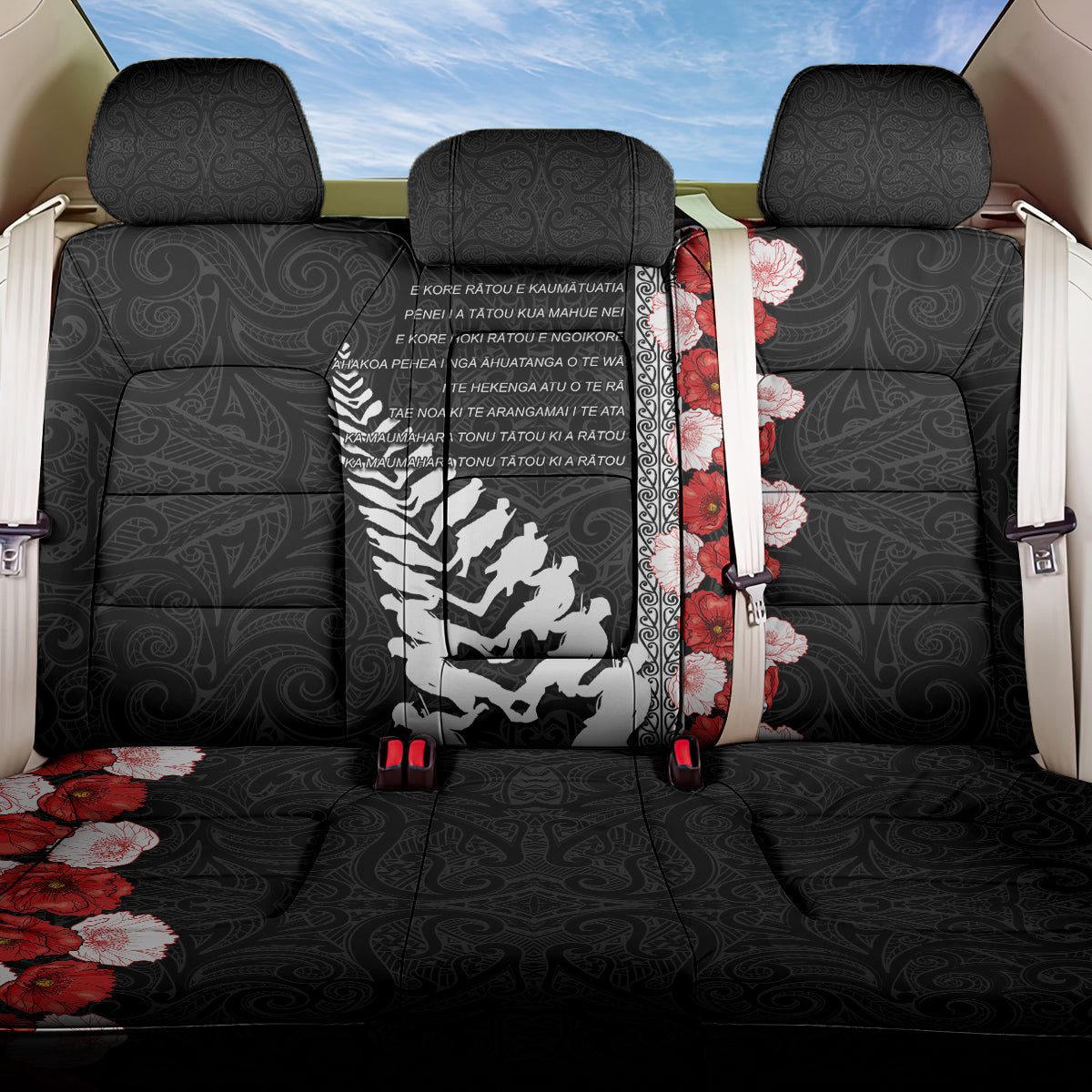 New Zealand ANZAC Day Back Car Seat Cover Soldier Silver Fern with Red Poppies Flower Maori Style LT03 One Size Black - Polynesian Pride