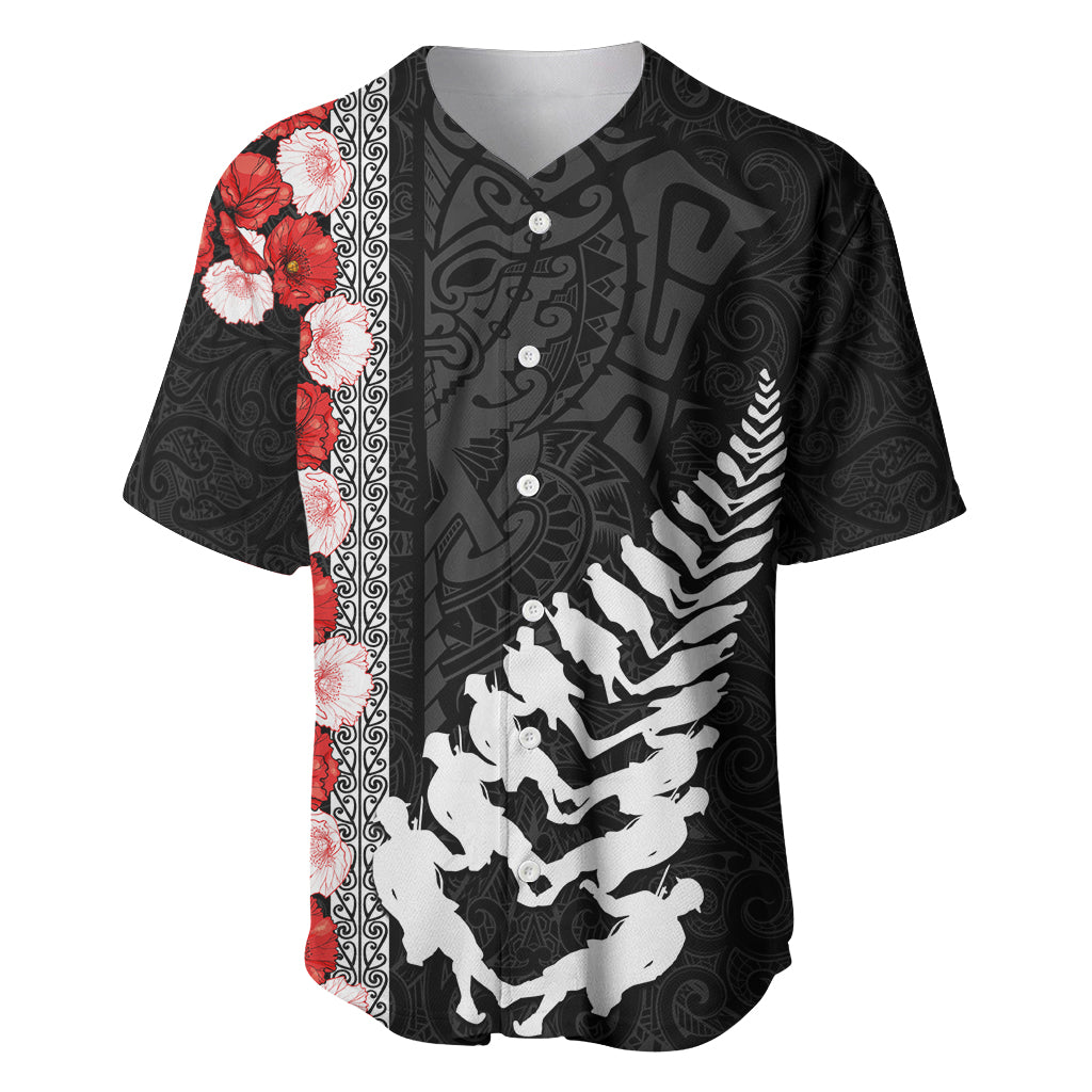 New Zealand ANZAC Day Baseball Jersey Soldier Silver Fern with Red Poppies Flower Maori Style LT03 Black - Polynesian Pride