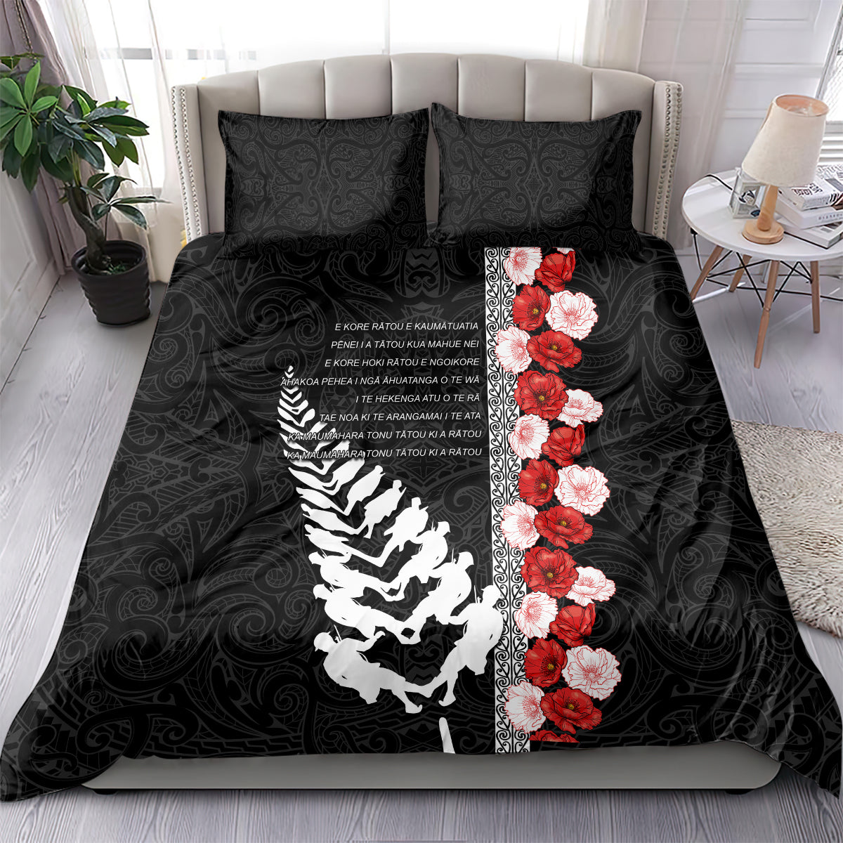 New Zealand ANZAC Day Bedding Set Soldier Silver Fern with Red Poppies Flower Maori Style LT03 - Polynesian Pride