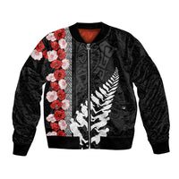 New Zealand ANZAC Day Bomber Jacket Soldier Silver Fern with Red Poppies Flower Maori Style LT03 Unisex Black - Polynesian Pride