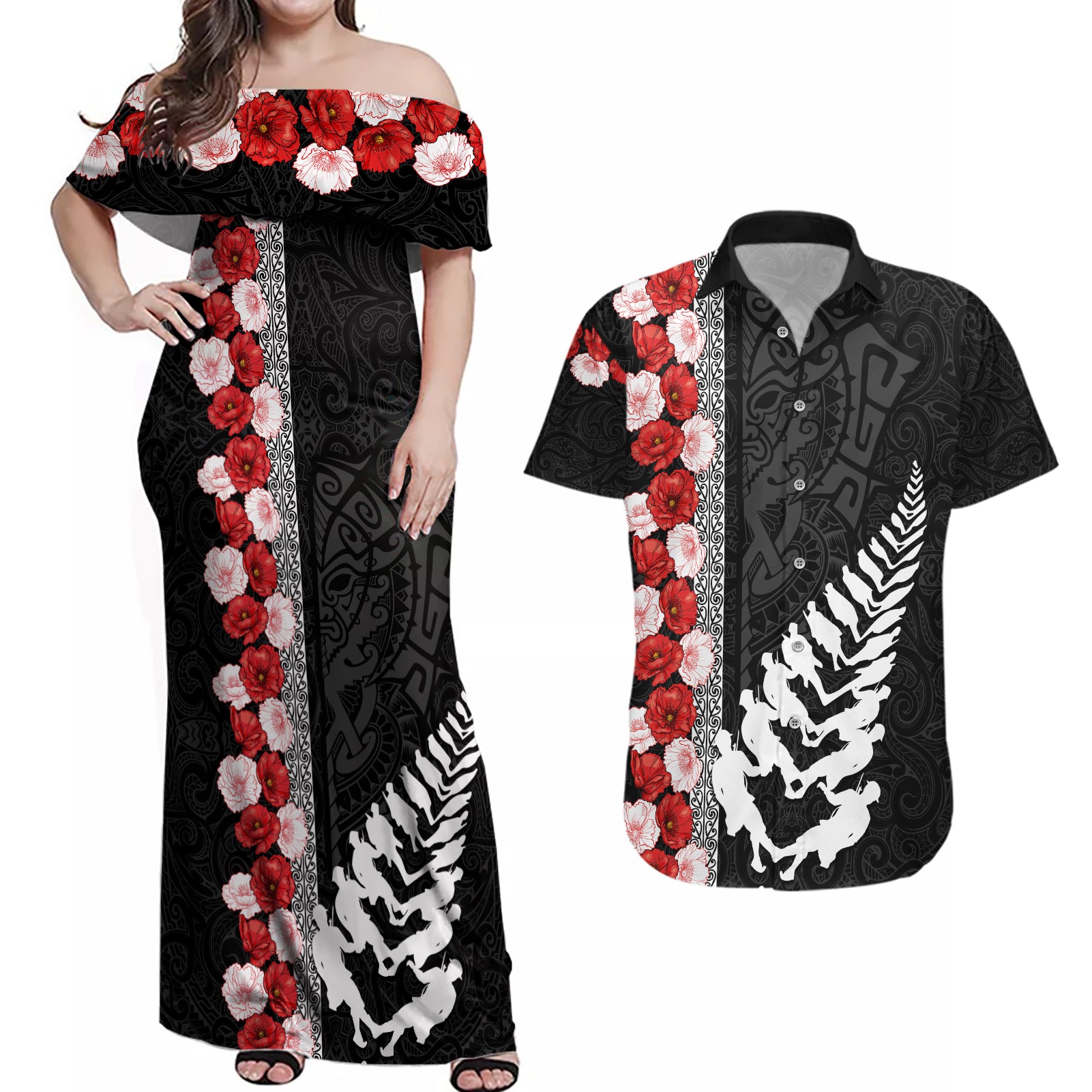 New Zealand ANZAC Day Couples Matching Off Shoulder Maxi Dress and Hawaiian Shirt Soldier Silver Fern with Red Poppies Flower Maori Style LT03 Black - Polynesian Pride