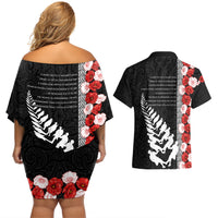 New Zealand ANZAC Day Couples Matching Off Shoulder Short Dress and Hawaiian Shirt Soldier Silver Fern with Red Poppies Flower Maori Style LT03 - Polynesian Pride