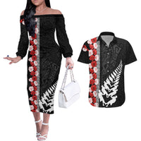 New Zealand ANZAC Day Couples Matching Off The Shoulder Long Sleeve Dress and Hawaiian Shirt Soldier Silver Fern with Red Poppies Flower Maori Style LT03 Black - Polynesian Pride
