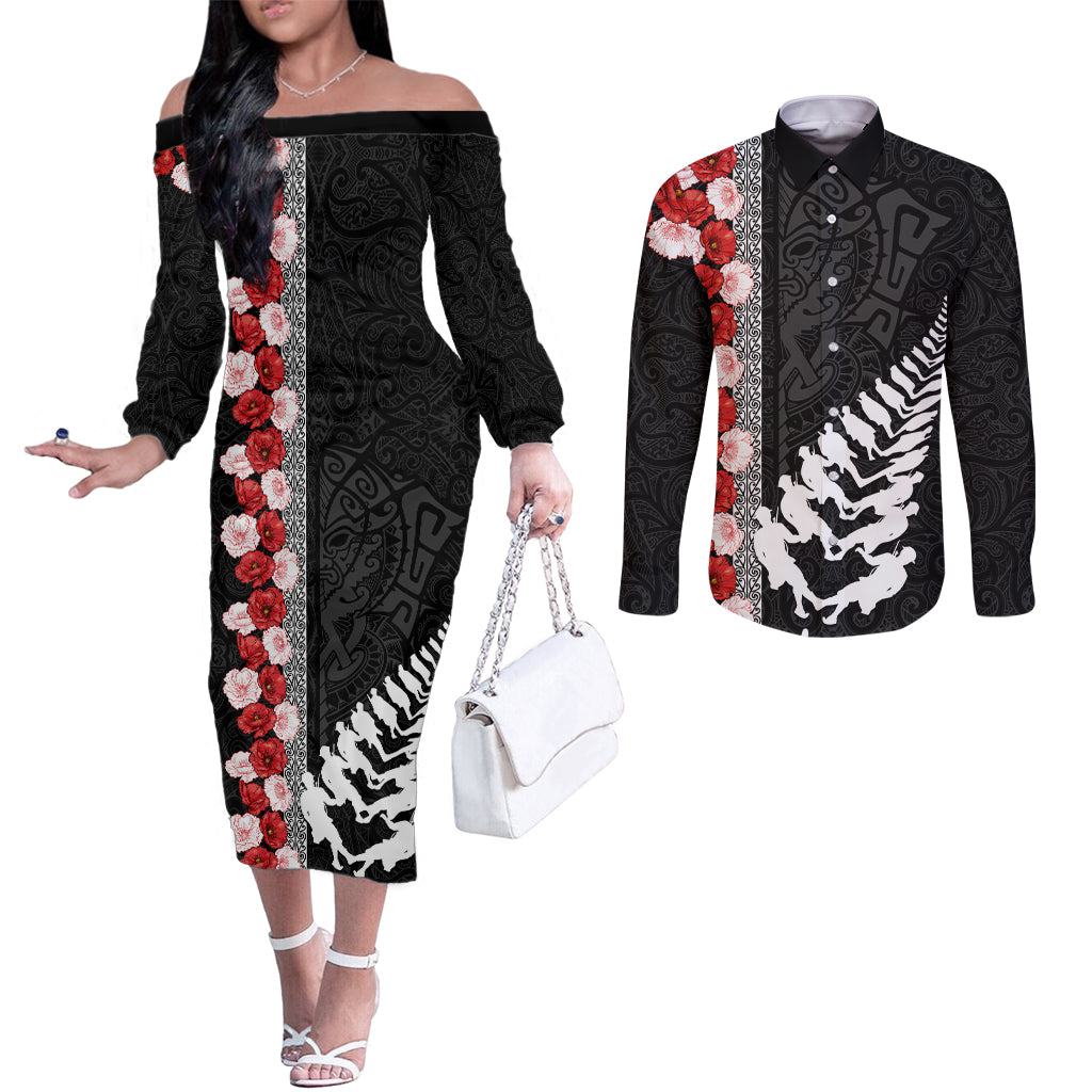 New Zealand ANZAC Day Couples Matching Off The Shoulder Long Sleeve Dress and Long Sleeve Button Shirt Soldier Silver Fern with Red Poppies Flower Maori Style LT03 Black - Polynesian Pride