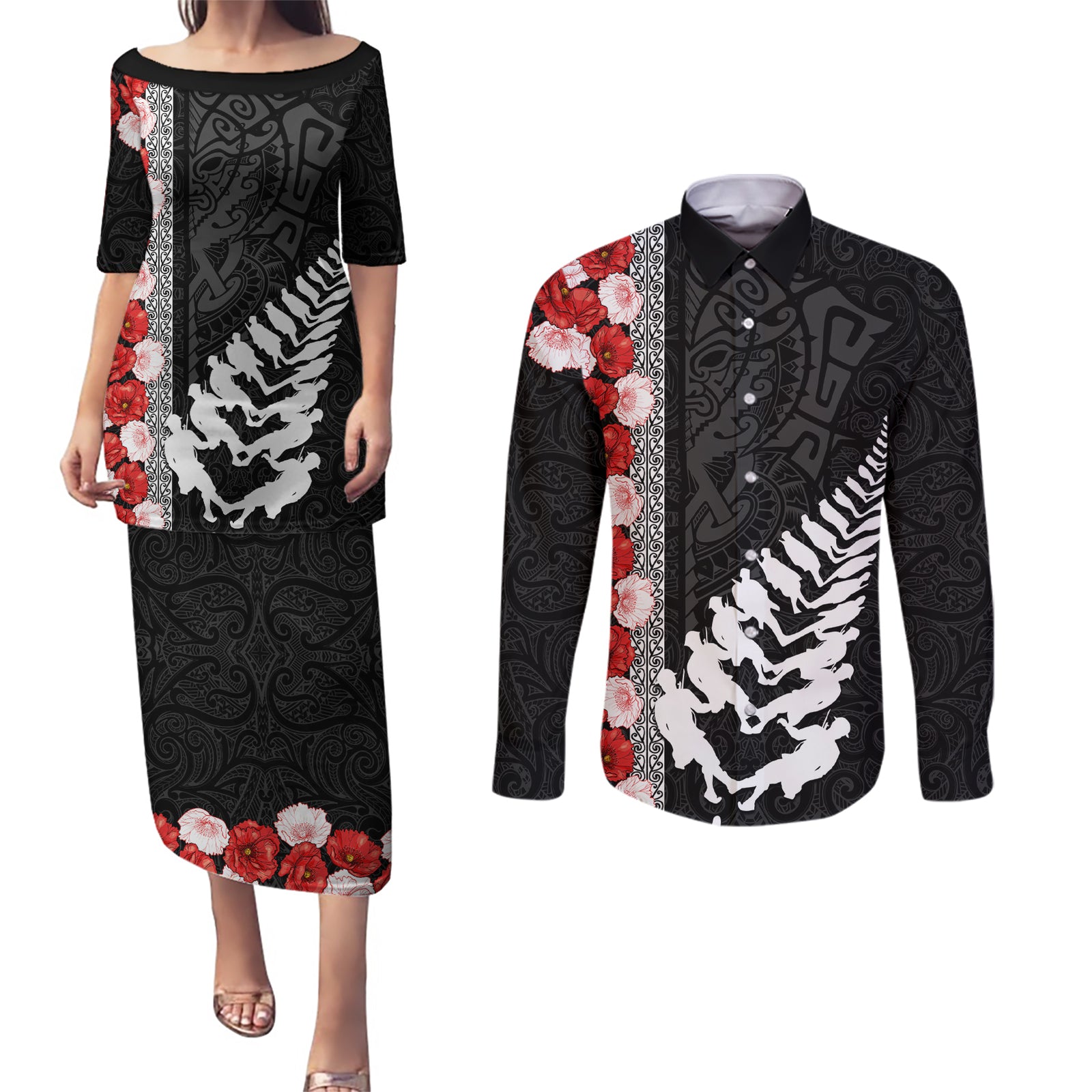 New Zealand ANZAC Day Couples Matching Puletasi and Long Sleeve Button Shirt Soldier Silver Fern with Red Poppies Flower Maori Style LT03 Black - Polynesian Pride