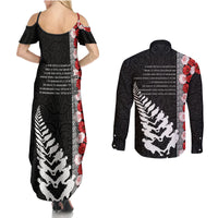 New Zealand ANZAC Day Couples Matching Summer Maxi Dress and Long Sleeve Button Shirt Soldier Silver Fern with Red Poppies Flower Maori Style LT03 - Polynesian Pride