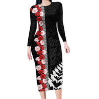 New Zealand ANZAC Day Family Matching Long Sleeve Bodycon Dress and Hawaiian Shirt Soldier Silver Fern with Red Poppies Flower Maori Style LT03 Mom's Dress Black - Polynesian Pride