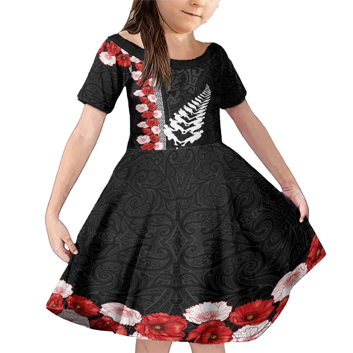New Zealand ANZAC Day Family Matching Mermaid Dress and Hawaiian Shirt Soldier Silver Fern with Red Poppies Flower Maori Style LT03 Daughter's Dress Black - Polynesian Pride