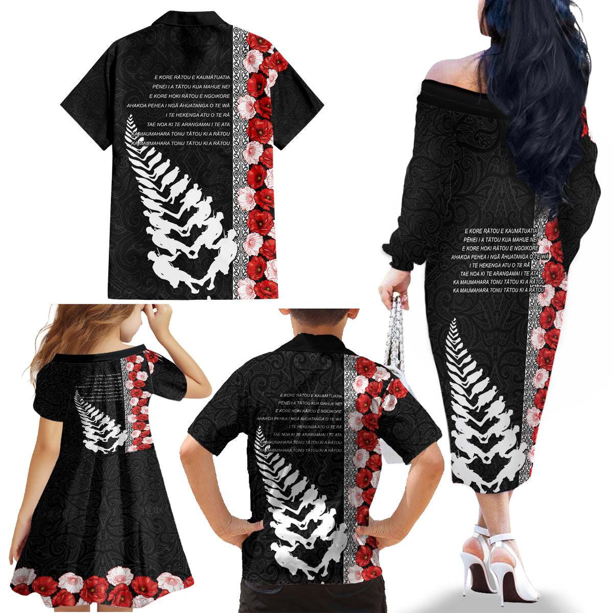 New Zealand ANZAC Day Family Matching Off Shoulder Long Sleeve Dress and Hawaiian Shirt Soldier Silver Fern with Red Poppies Flower Maori Style LT03 - Polynesian Pride