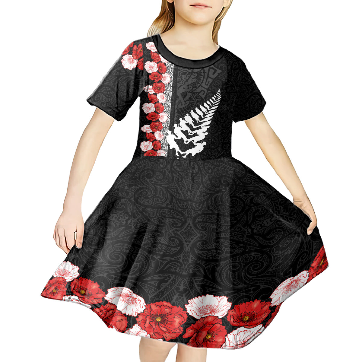 New Zealand ANZAC Day Kid Short Sleeve Dress Soldier Silver Fern with Red Poppies Flower Maori Style LT03 - Polynesian Pride