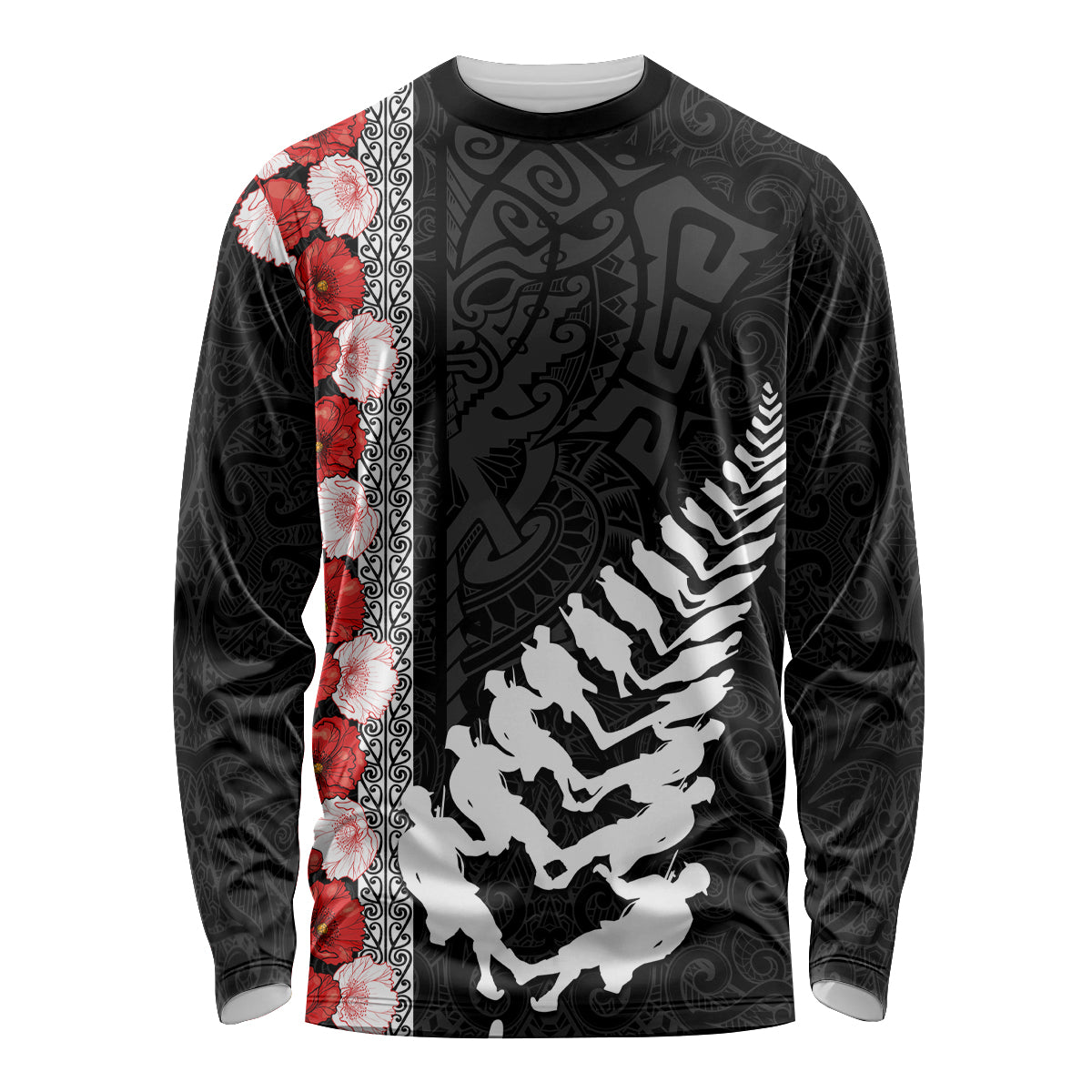 New Zealand ANZAC Day Long Sleeve Shirt Soldier Silver Fern with Red Poppies Flower Maori Style LT03 Unisex Black - Polynesian Pride