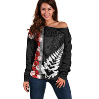 New Zealand ANZAC Day Off Shoulder Sweater Soldier Silver Fern with Red Poppies Flower Maori Style LT03 Women Black - Polynesian Pride