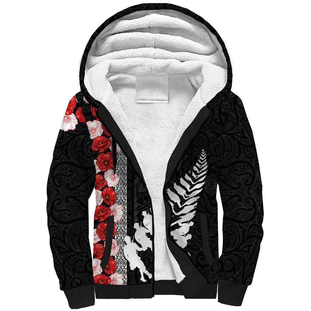 New Zealand ANZAC Day Sherpa Hoodie Soldier Silver Fern with Red Poppies Flower Maori Style LT03 Unisex Black - Polynesian Pride