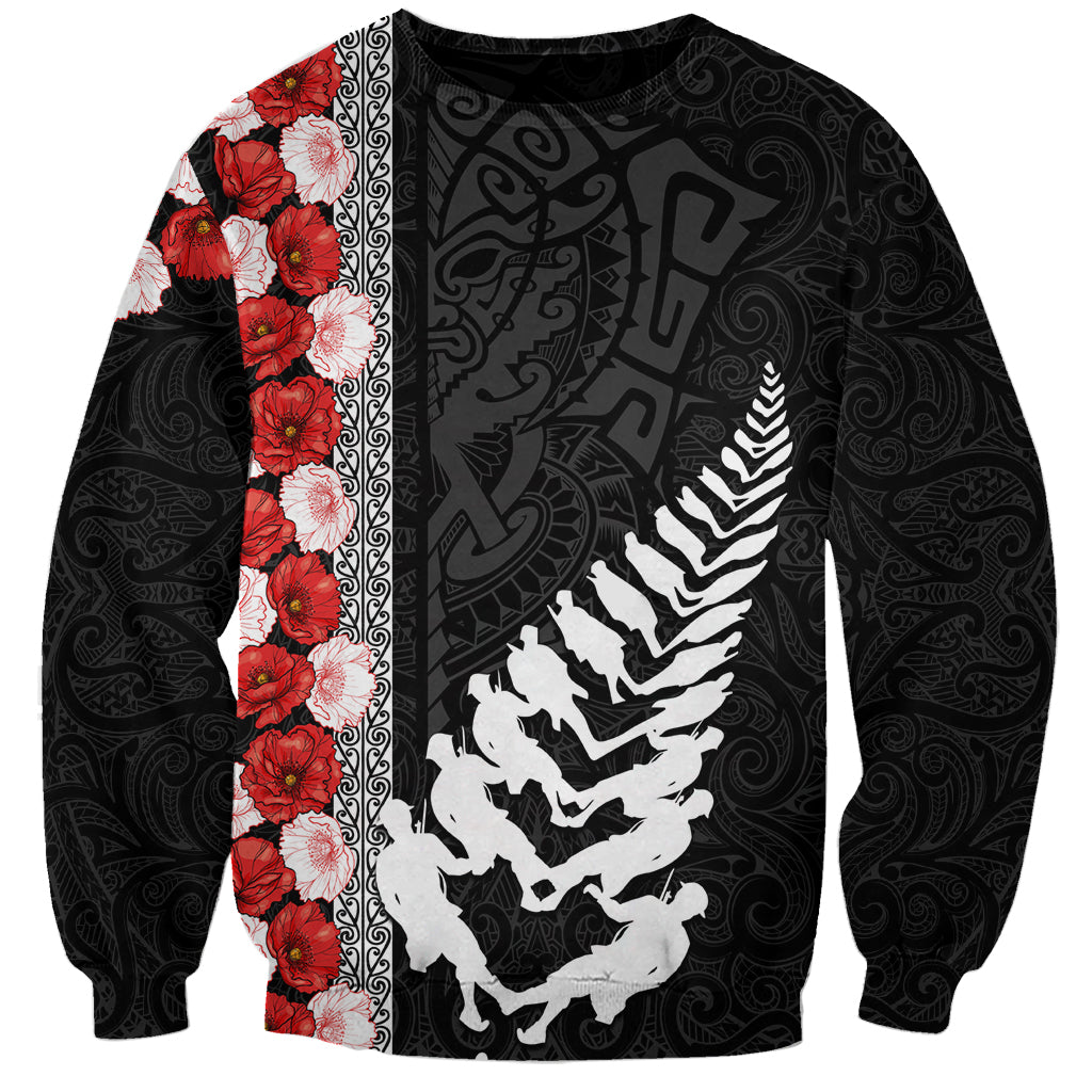 New Zealand ANZAC Day Sweatshirt Soldier Silver Fern with Red Poppies Flower Maori Style LT03 Unisex Black - Polynesian Pride