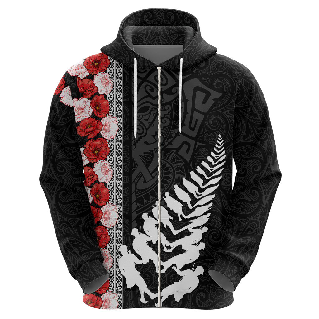 New Zealand ANZAC Day Zip Hoodie Soldier Silver Fern with Red Poppies Flower Maori Style LT03 - Polynesian Pride