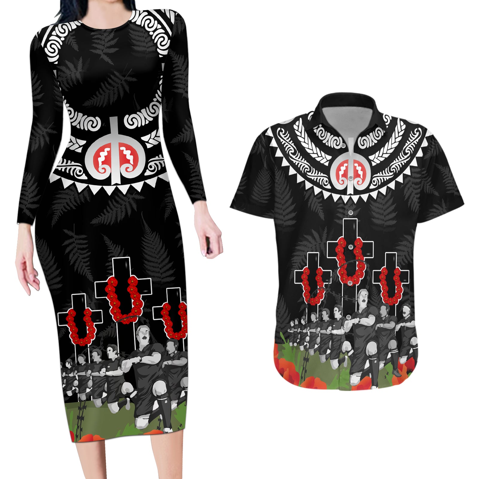 New Zealand ANZAC Day Couples Matching Long Sleeve Bodycon Dress and Hawaiian Shirt Lest We Forget Haka Dance Respect LT03 Black - Polynesian Pride