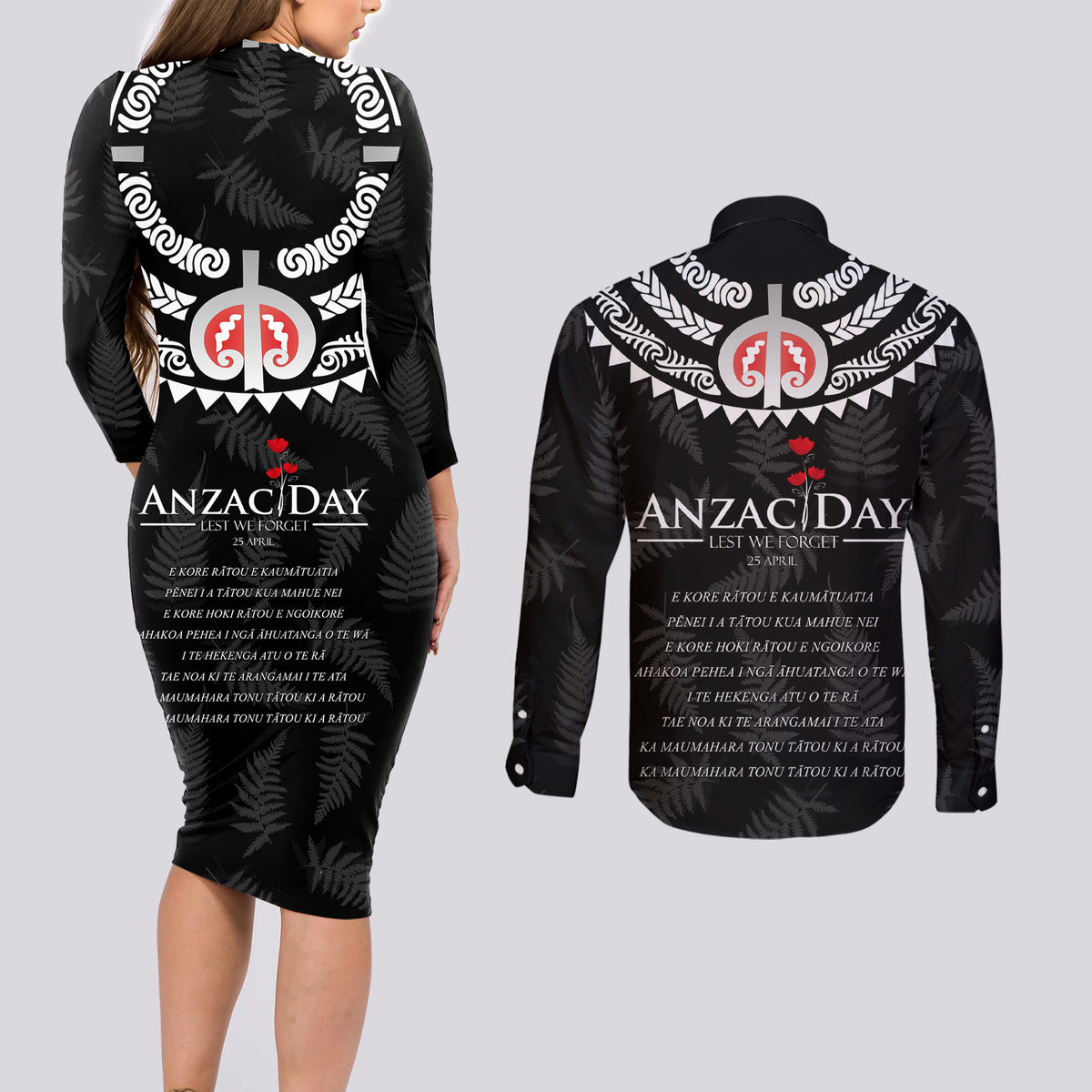 New Zealand ANZAC Day Couples Matching Long Sleeve Bodycon Dress and Long Sleeve Button Shirt Lest We Forget Haka Dance Respect LT03 - Polynesian Pride