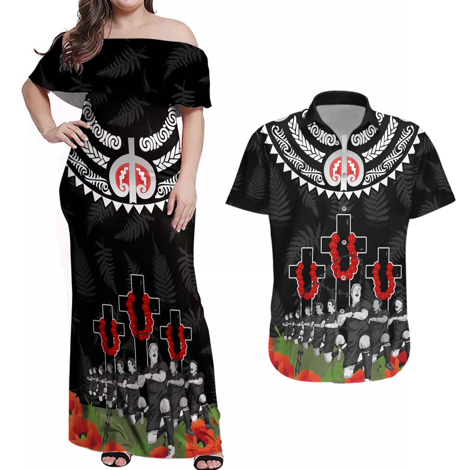 New Zealand ANZAC Day Couples Matching Off Shoulder Maxi Dress and Hawaiian Shirt Lest We Forget Haka Dance Respect LT03 Black - Polynesian Pride