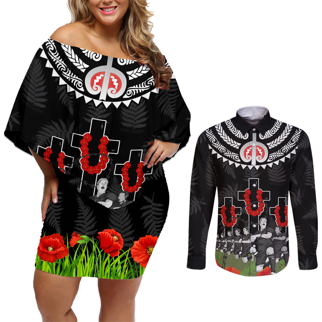 New Zealand ANZAC Day Couples Matching Off Shoulder Short Dress and Long Sleeve Button Shirt Lest We Forget Haka Dance Respect LT03 Black - Polynesian Pride