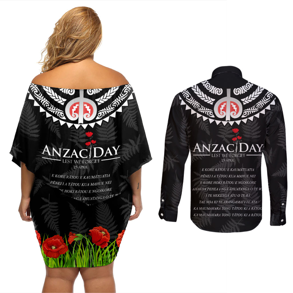 New Zealand ANZAC Day Couples Matching Off Shoulder Short Dress and Long Sleeve Button Shirt Lest We Forget Haka Dance Respect LT03 - Polynesian Pride