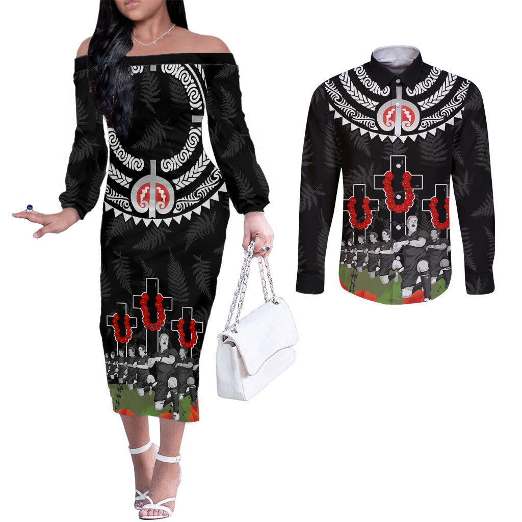 New Zealand ANZAC Day Couples Matching Off The Shoulder Long Sleeve Dress and Long Sleeve Button Shirt Lest We Forget Haka Dance Respect LT03 Black - Polynesian Pride