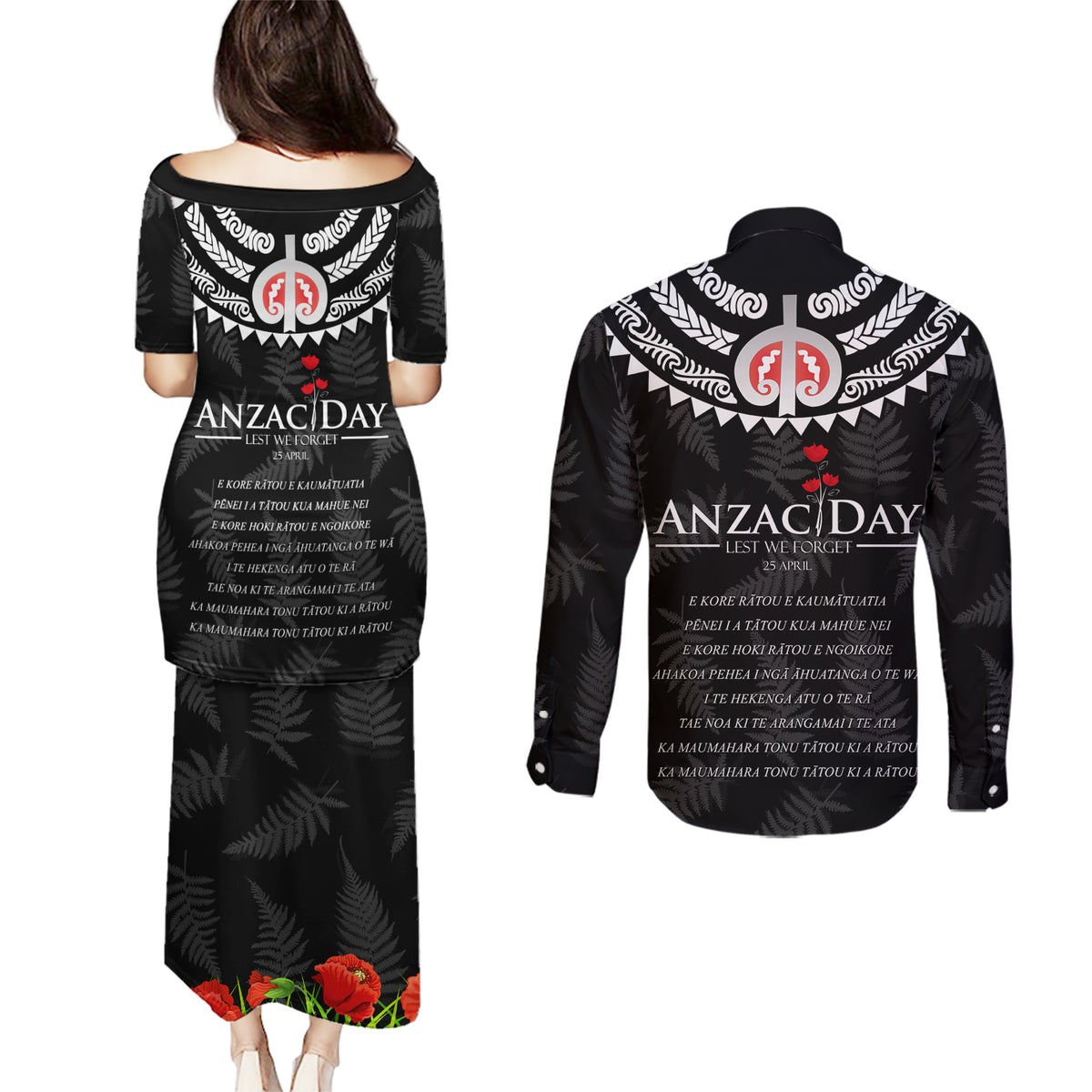 New Zealand ANZAC Day Couples Matching Puletasi and Long Sleeve Button Shirt Lest We Forget Haka Dance Respect LT03 - Polynesian Pride