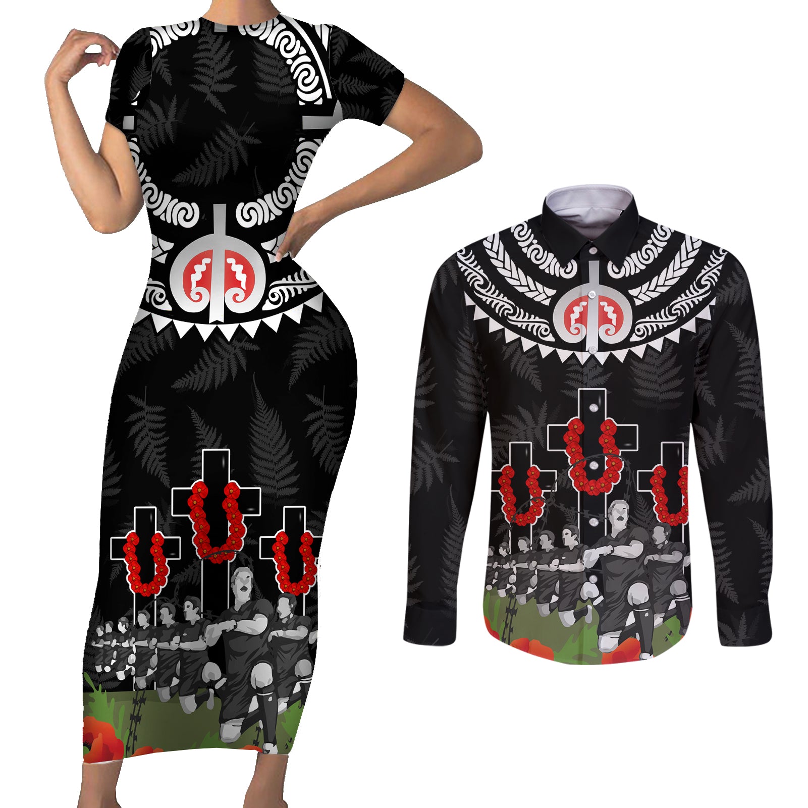 New Zealand ANZAC Day Couples Matching Short Sleeve Bodycon Dress and Long Sleeve Button Shirt Lest We Forget Haka Dance Respect LT03 Black - Polynesian Pride