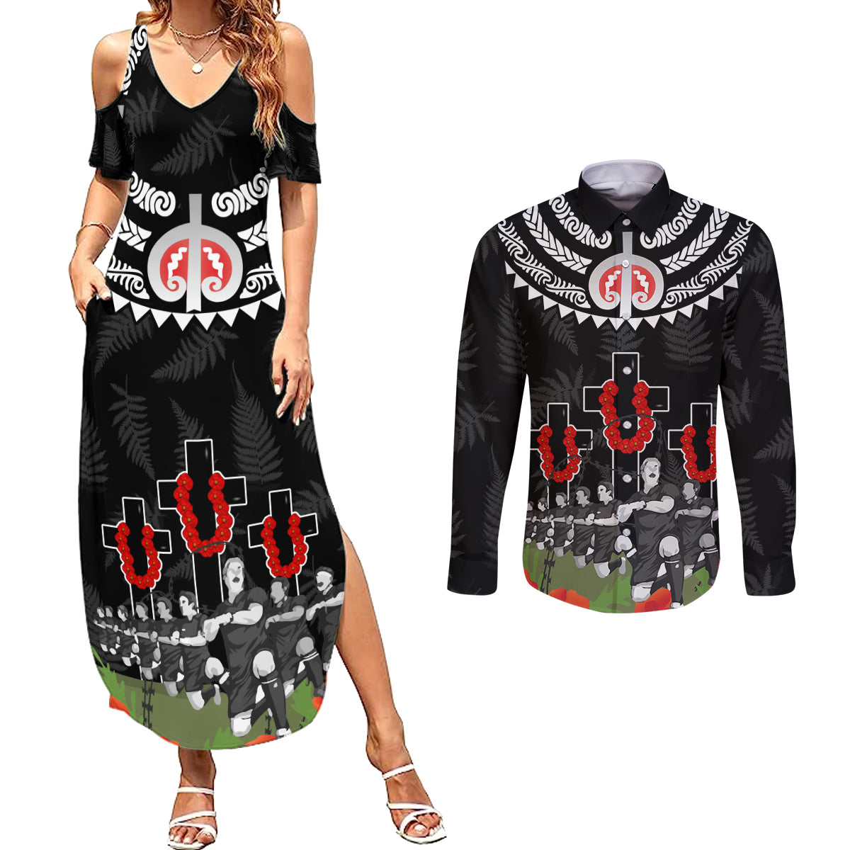 New Zealand ANZAC Day Couples Matching Summer Maxi Dress and Long Sleeve Button Shirt Lest We Forget Haka Dance Respect LT03 Black - Polynesian Pride