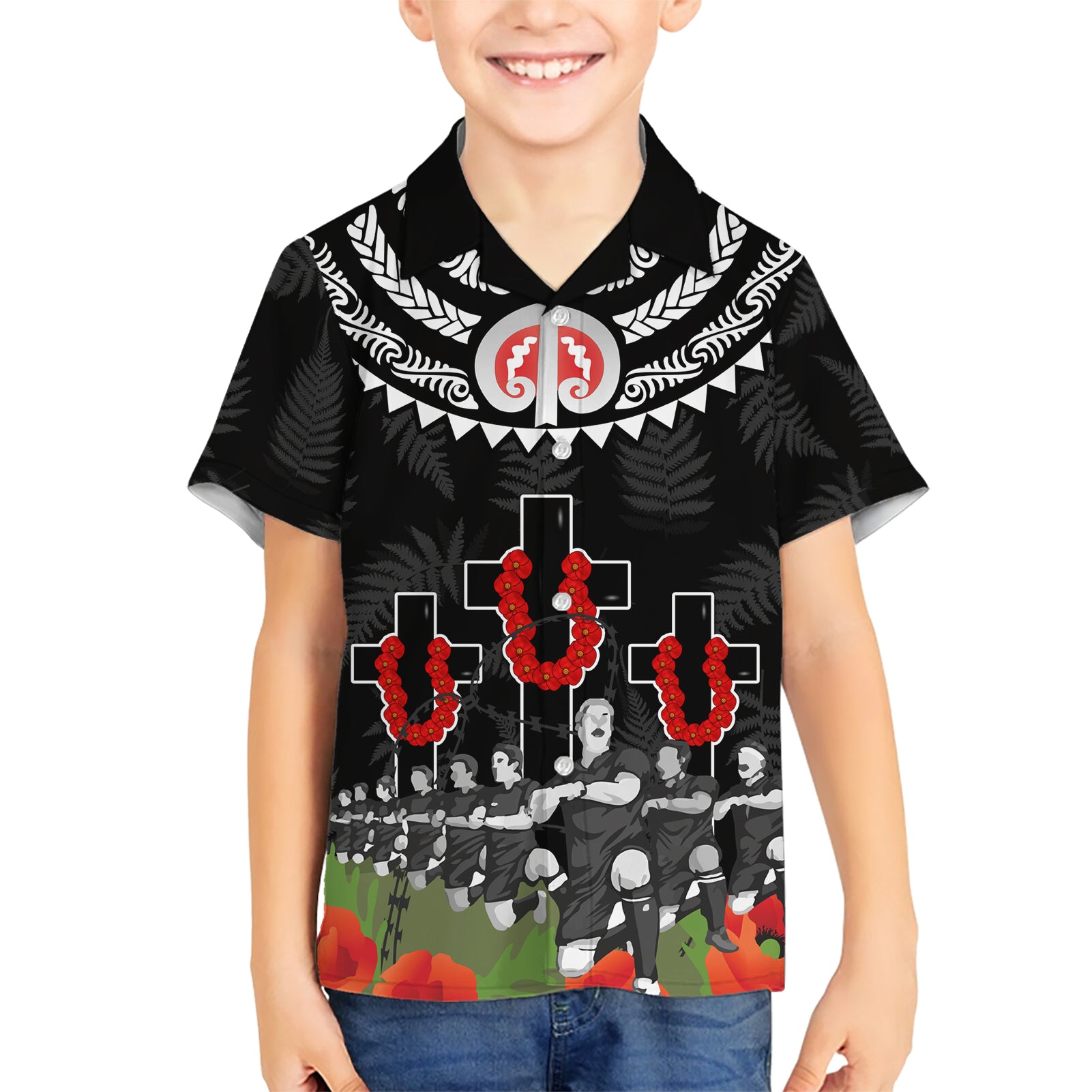 New Zealand ANZAC Day Kid Hawaiian Shirt Lest We Forget Haka Dance Respect LT03 Kid Black - Polynesian Pride
