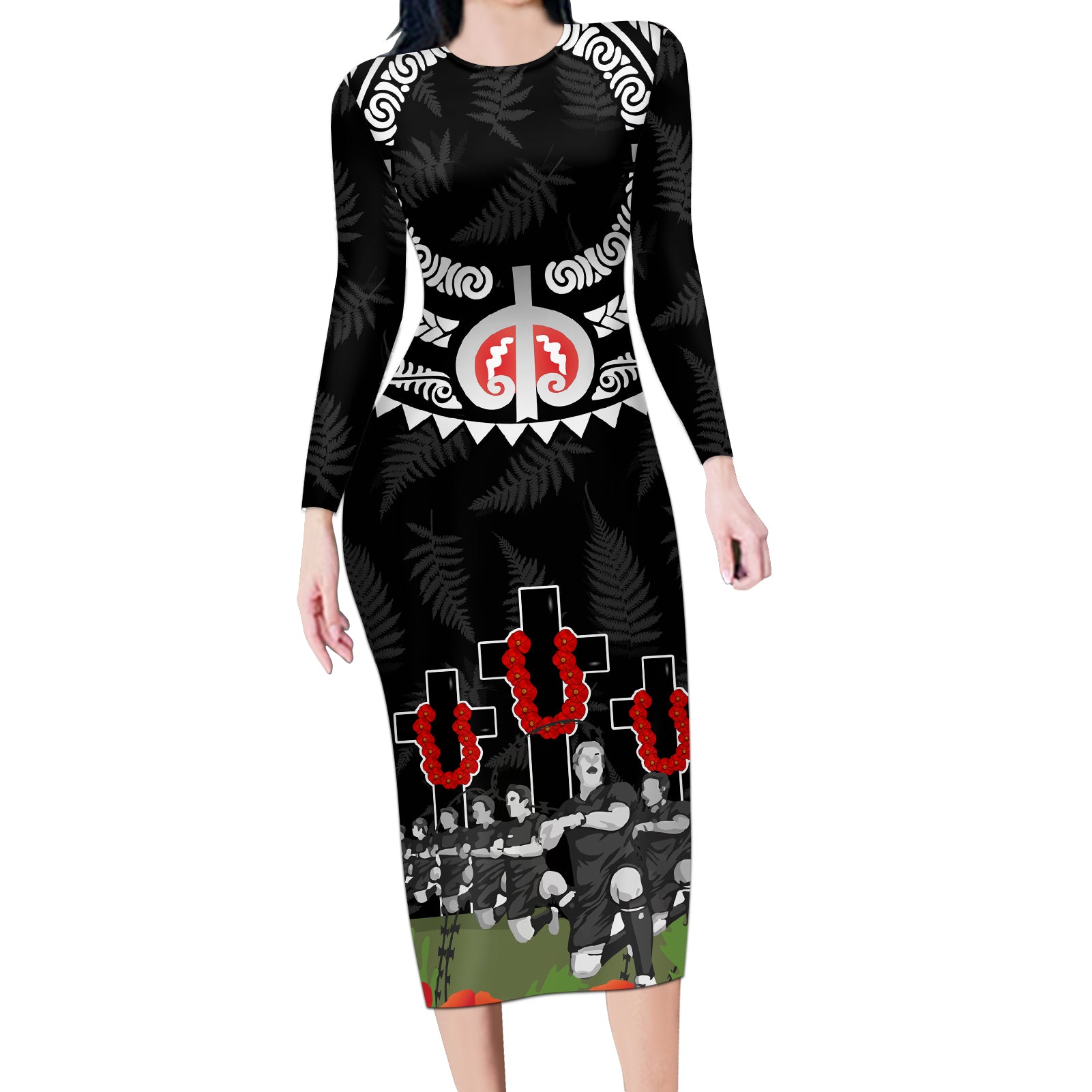 New Zealand ANZAC Day Long Sleeve Bodycon Dress Lest We Forget Haka Dance Respect LT03 Long Dress Black - Polynesian Pride