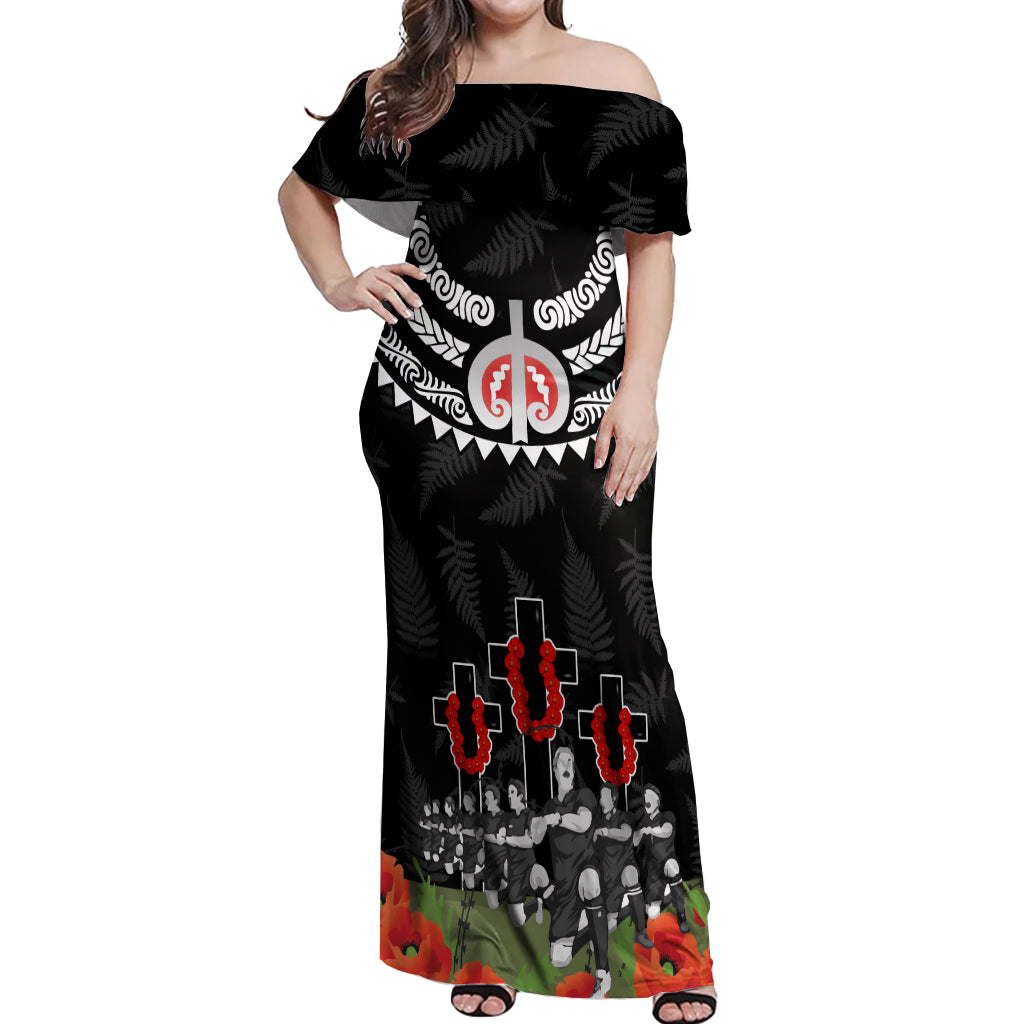 New Zealand ANZAC Day Off Shoulder Maxi Dress Lest We Forget Haka Dance Respect LT03 Women Black - Polynesian Pride