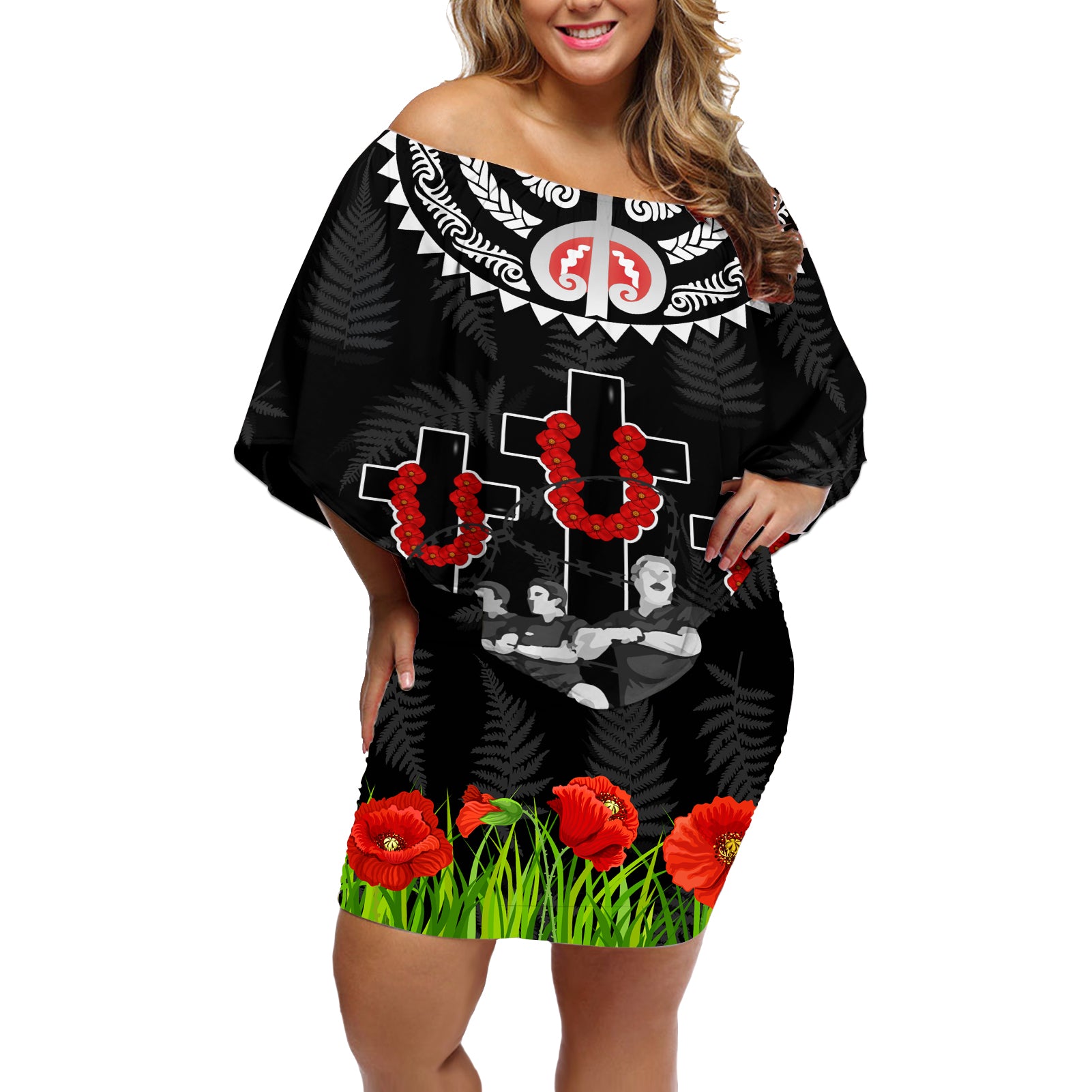 New Zealand ANZAC Day Off Shoulder Short Dress Lest We Forget Haka Dance Respect LT03 Women Black - Polynesian Pride