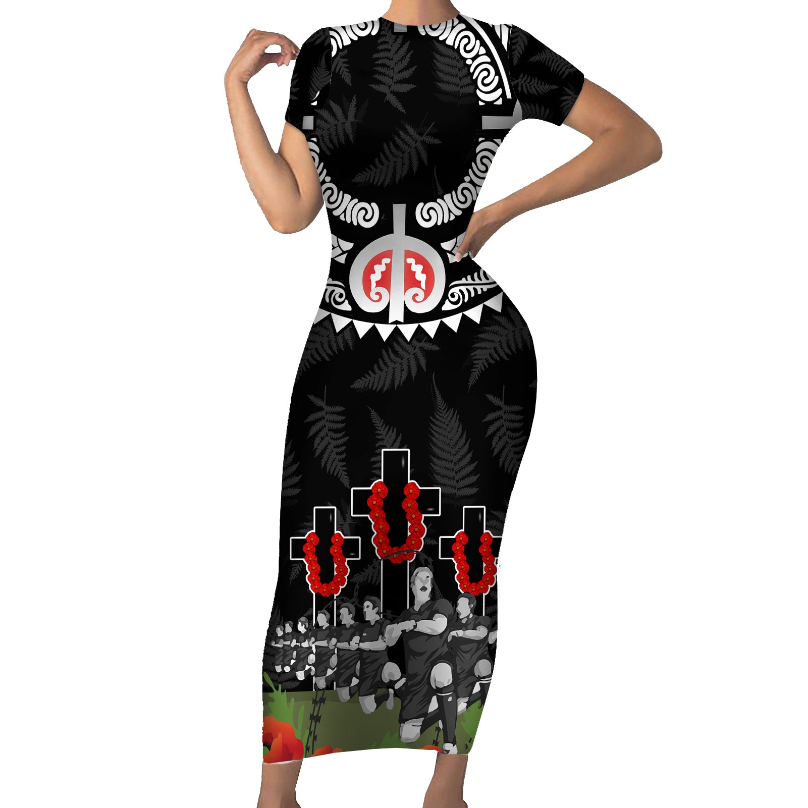 New Zealand ANZAC Day Short Sleeve Bodycon Dress Lest We Forget Haka Dance Respect LT03 Long Dress Black - Polynesian Pride