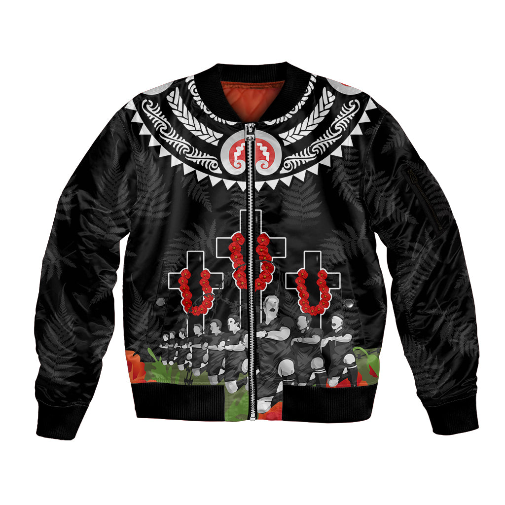 New Zealand ANZAC Day Sleeve Zip Bomber Jacket Lest We Forget Haka Dance Respect LT03 Unisex Black - Polynesian Pride