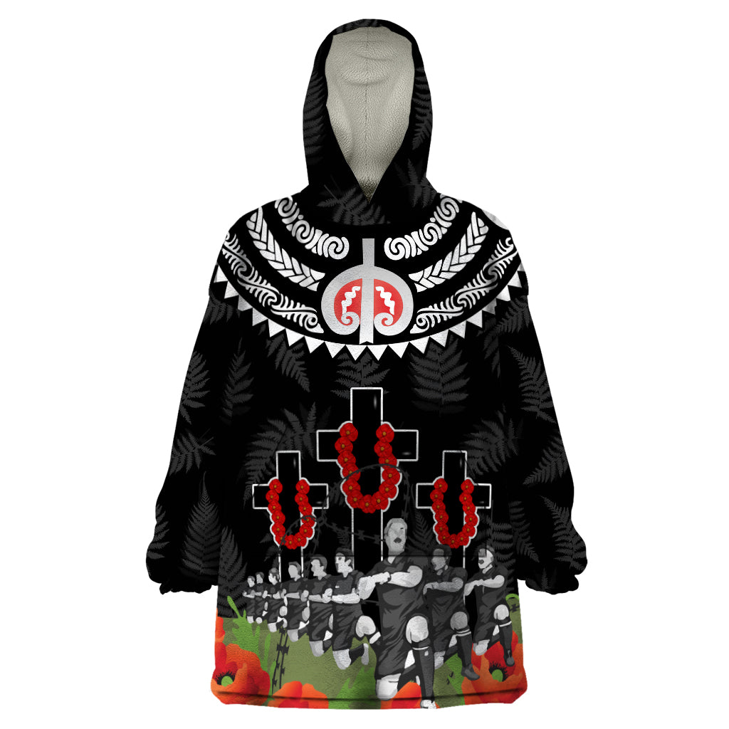 New Zealand ANZAC Day Wearable Blanket Hoodie Lest We Forget Haka Dance Respect LT03 One Size Black - Polynesian Pride