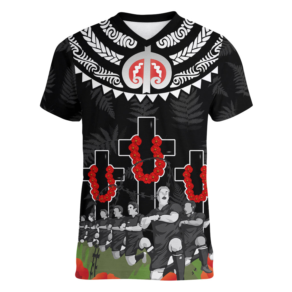 New Zealand ANZAC Day Women V Neck T Shirt Lest We Forget Haka Dance Respect LT03 Female Black - Polynesian Pride
