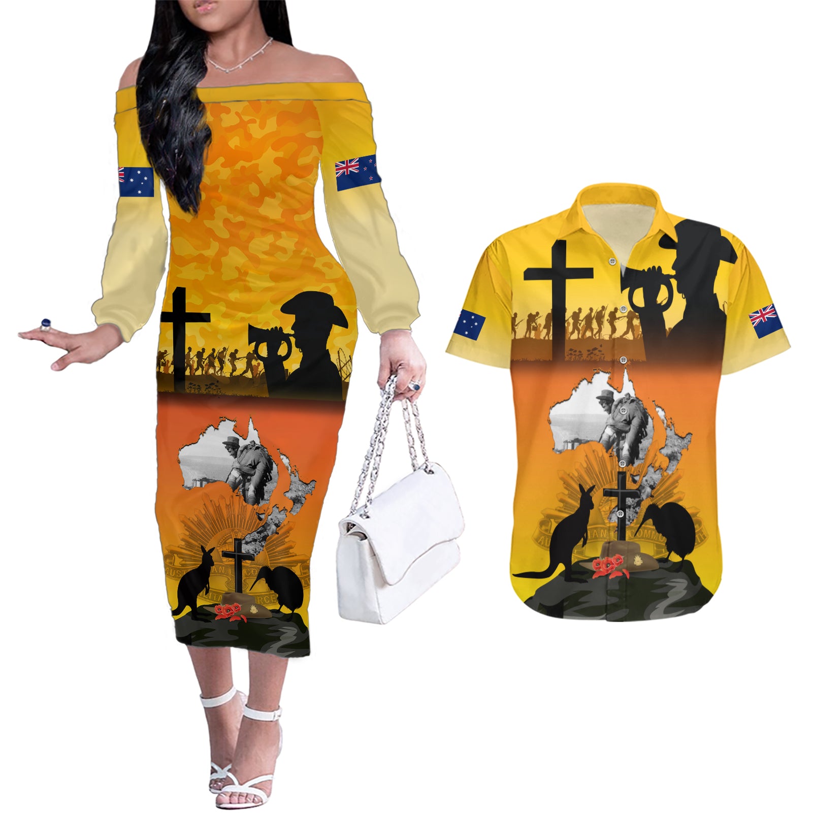 New Zealand and Australia ANZAC Day Couples Matching Off The Shoulder Long Sleeve Dress and Hawaiian Shirt Gallipoli Lest We Forget LT03 Yellow - Polynesian Pride