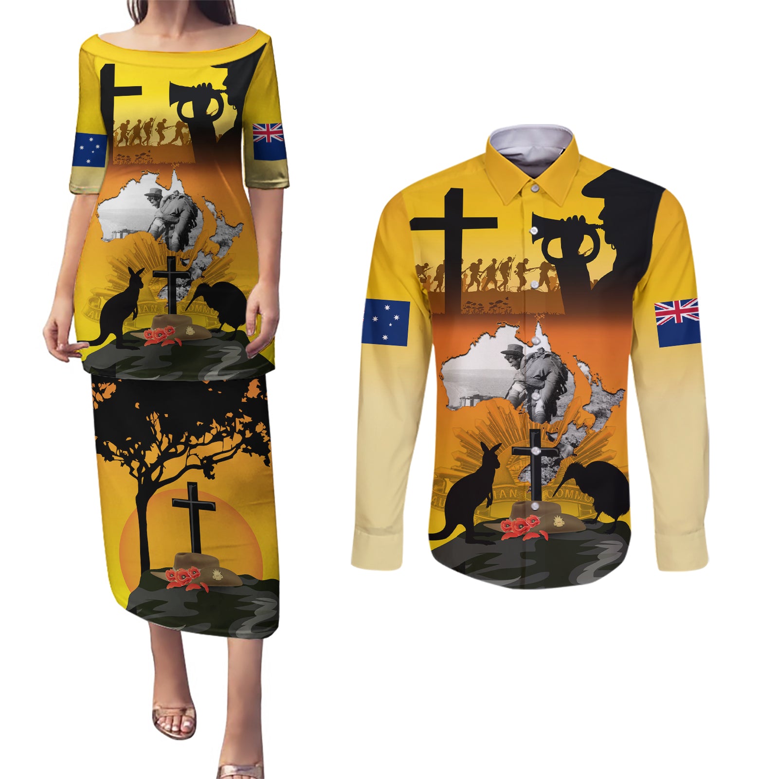 New Zealand and Australia ANZAC Day Couples Matching Puletasi and Long Sleeve Button Shirt Gallipoli Lest We Forget LT03 Yellow - Polynesian Pride