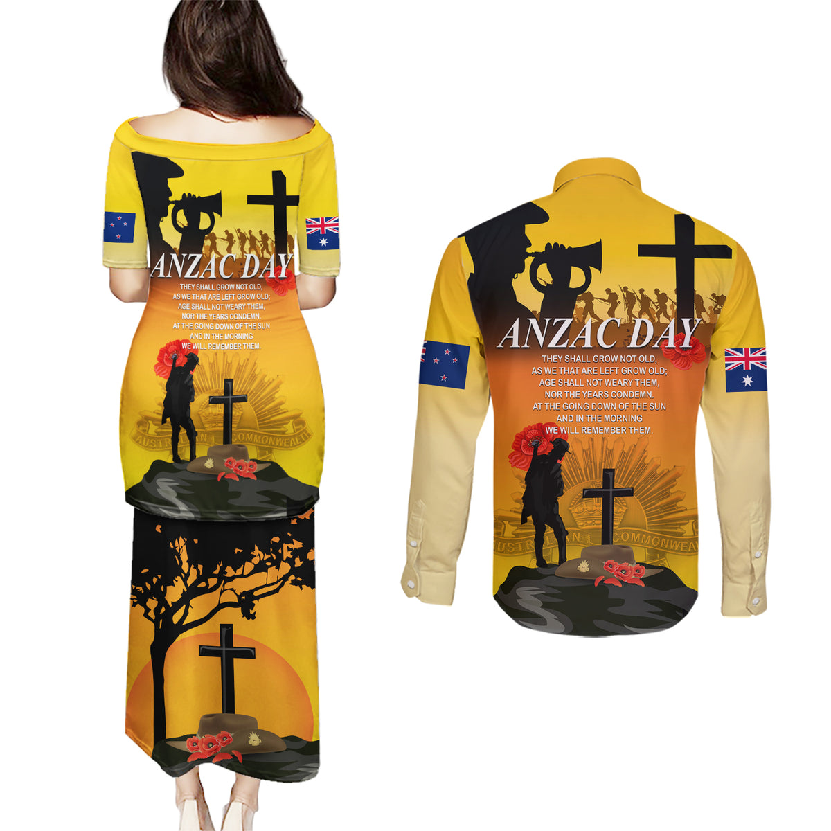 New Zealand and Australia ANZAC Day Couples Matching Puletasi and Long Sleeve Button Shirt Gallipoli Lest We Forget LT03 - Polynesian Pride