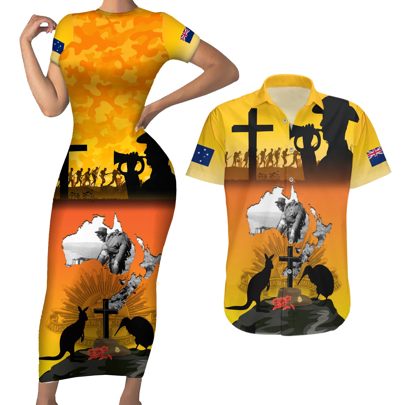 New Zealand and Australia ANZAC Day Couples Matching Short Sleeve Bodycon Dress and Hawaiian Shirt Gallipoli Lest We Forget LT03 Yellow - Polynesian Pride